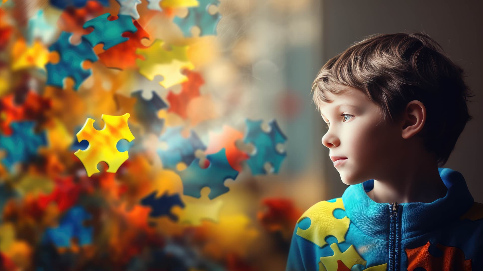 Nachdenkliches Kind im Profil, umgeben von bunten Puzzleteilen als Symbol für die Vielfalt des Autismus-Spektrums