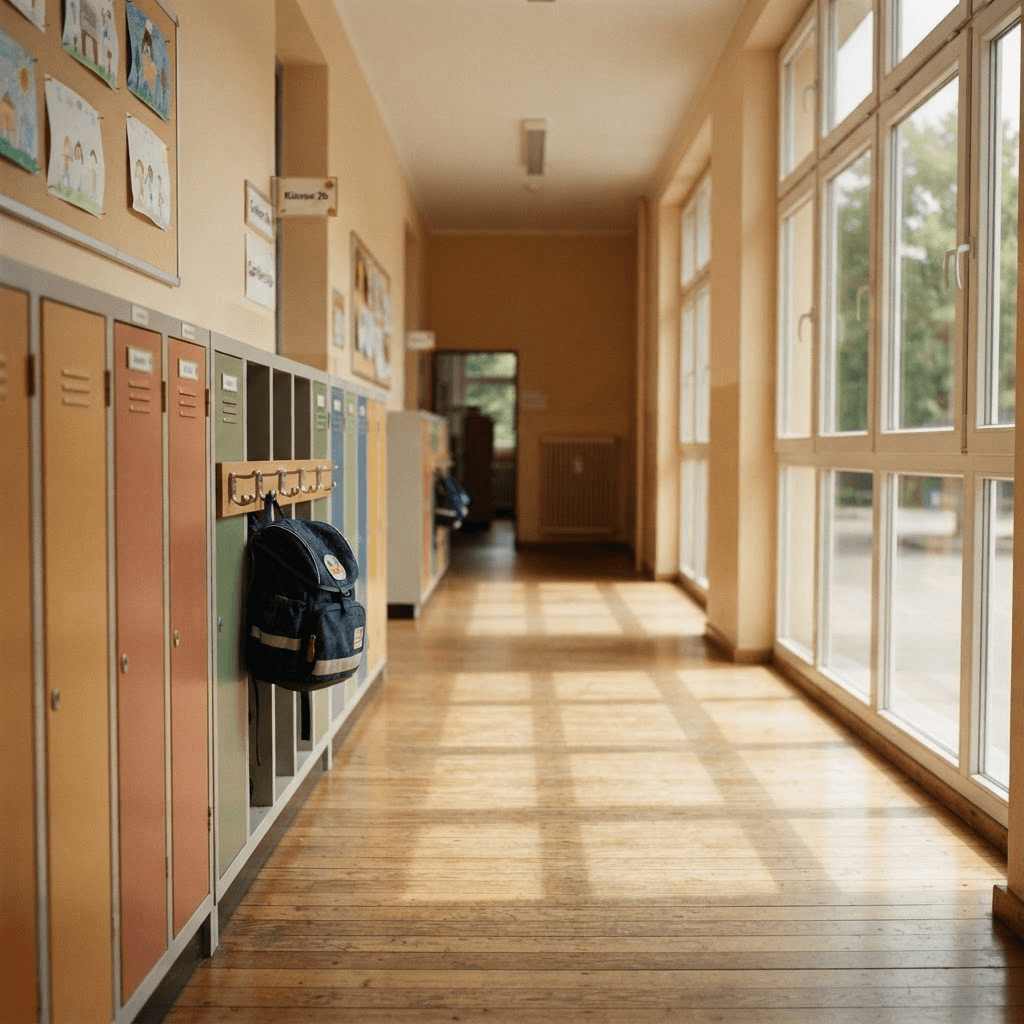 Sonniger, leerer Schulflur mit Rucksack – Schulbegleitung bei Jetzt Jugendhilfe