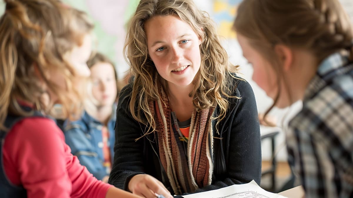 Pädagogische Fachkraft im Gespräch mit Kindern – Intensivwohngruppe in Siegen-Weidenau